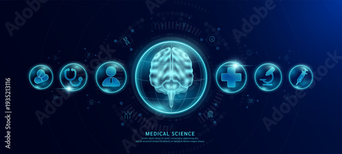 Science medical banner dark blue. Brain hologram in transparent spherical dome along with the icons of a doctor plus sign and syringe. Vector EPS10.