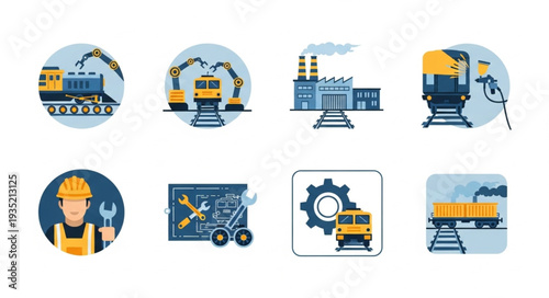 Set of industrial and construction icons with trains and workers.