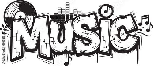 Music Graffiti Typography with Vinyl Record, Audio Waves, and Musical Notes, Monochrome Street Art Illustration on White Background for Hip Hop Poster and Creative Apparel Design