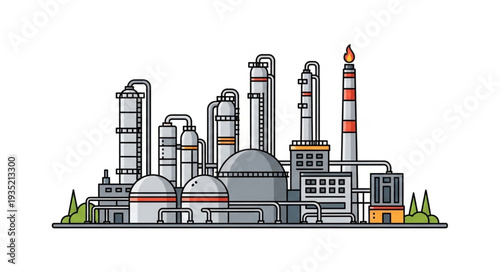 Industrial oil refinery complex with towers and pipes.