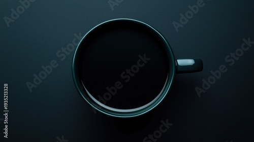 A dark teal coffee cup with a handle and a small white rim sits on a dark blue background.