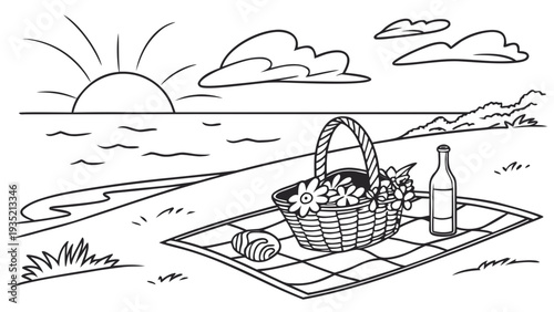 Serene beach picnic with basket and bottle on blanket