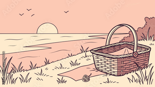 Serene picnic setup by the ocean at sunset with wicker basket