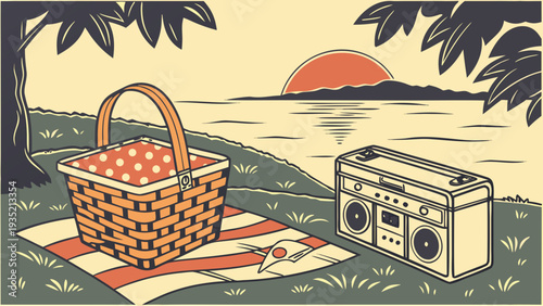 Relaxing summer picnic by serene lake at sunset with boombox
