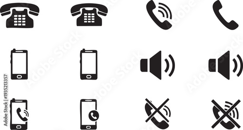 Black and white of various phones and speakers mobile phone communication