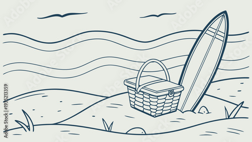 Serene beach scene with surfboard and picnic basket on sandy shore