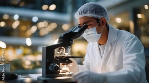 Injection molded medical device inspector checking dimensional accuracy under magnification in clean facility, perfect for medical device manufacturing, quality inspection, precision production,