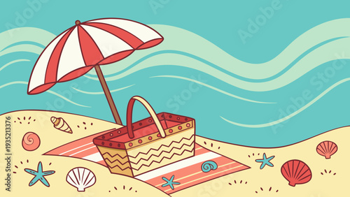 Vibrant beach picnic setup with umbrella and seashells