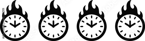 Flames encircling analog clocks with downward arrows indicating time urgency or countdowns Vector