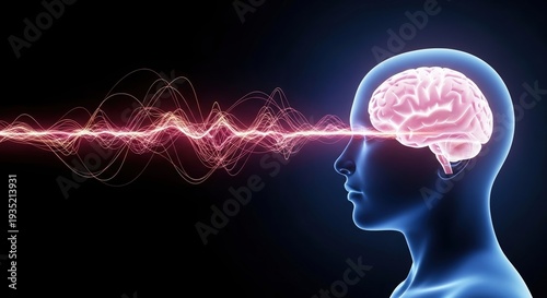 Futuristic human brain waves, glowing neural activity in digital head profile, mental health and cognitive science