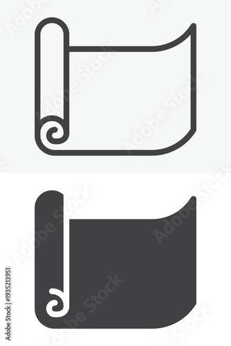 Yoga exercise mat icon set for fitness stretching practice. Line outline and solid icon versions with editable stroke. Vector sign and symbol for workout yoga mat training icon.