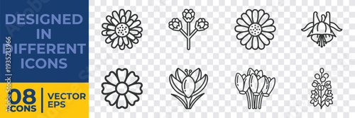 A collection of 8 hand-drawn vector floral icons in a flat, minimalist style, ideal for graphic design, logos, and digital illustrations.