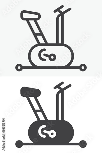 Exercise bike cycling machine icon set for cardio workout. Line outline and solid icon versions with editable stroke. Vector sign and symbol for gym cycling trainer equipment icon.