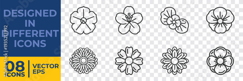 A collection of 8 minimalist and flat vector floral icons in varying designs, ideal for graphic design, branding, and digital illustrations.
