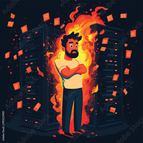 Stressed IT technician reacting to server room fire and hardware failure disaster in modern data center facility. , vector style simple color