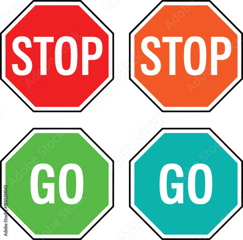 Contrasting stop and go signals displayed on octagonal signs with different colors Vector