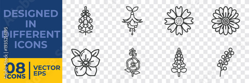 A collection of 8 minimalist vector illustrations featuring flowers, ornamental designs, and decorative elements in flat black and white style.