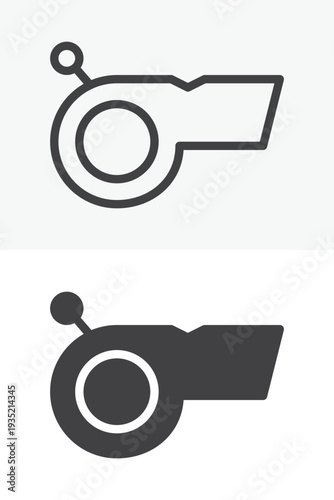 Sport referee whistle icon set for training and coaching. Line outline and solid icon versions with editable stroke. Vector sign and symbol for sport referee whistle signal icon.