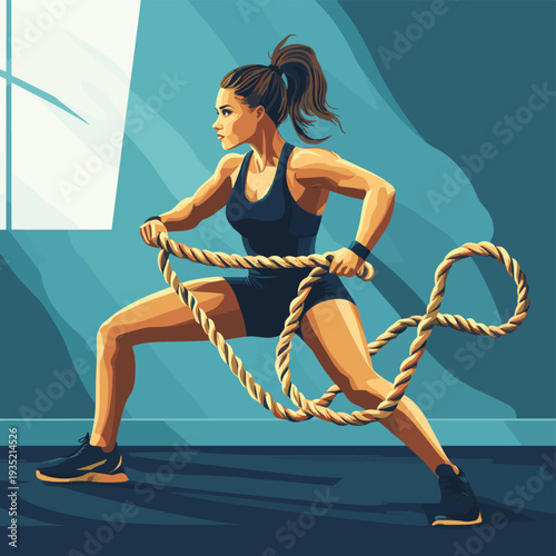 Fit woman in black sportswear performing an intense workout session with battle ropes in a gym or fitness studio environment. , vector style simple color