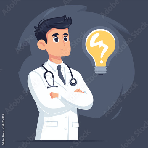 Male doctor in a white lab coat thinking deeply about a complex medical problem with a glowing lightbulb idea and question mark. , vector style simple color