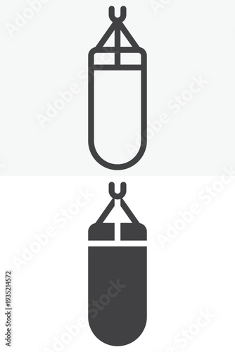 Boxing punching bag icon set for fight training workout. Line outline and solid icon versions with editable stroke. Vector sign and symbol for gym boxing bag equipment icon.