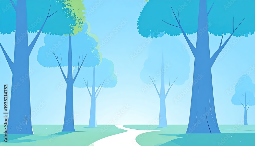 Obraz premium Cartoon-style forest scene featuring tall trees and a winding path, bathed in soft light