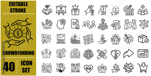 Crowdfunding icon set. Editable line icons. Vector illustration.