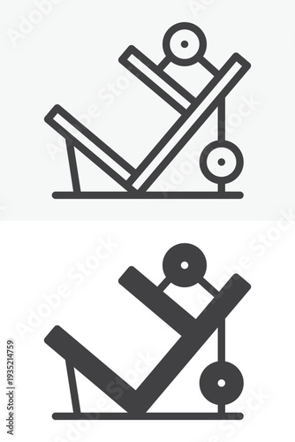 Leg press machine icon set for lower body strength training. Line outline and solid icon versions with editable stroke. Vector sign and symbol for gym leg press equipment icon.