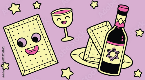 Cute Passover Matzah Character with Wine Bottle and Seder Elements Cartoon Pesach Jewish Holiday Illustration on Purple Background
