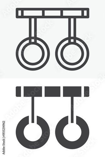 Gymnastic rings training icon set for bodyweight exercise. Line outline and solid icon versions with editable stroke. Vector sign and symbol for fitness gym rings workout icon.
