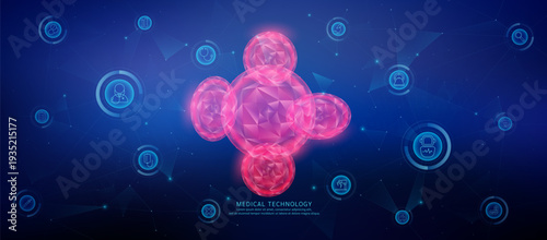 Translucent polygon erythrocyte connected medical technology network icons. Cyborg human collaboration. Health care technology digital. Banner vector.