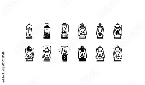 Minimal Camping Lamp Line Icon Collection Outdoor Lantern Vector Set on White Background
