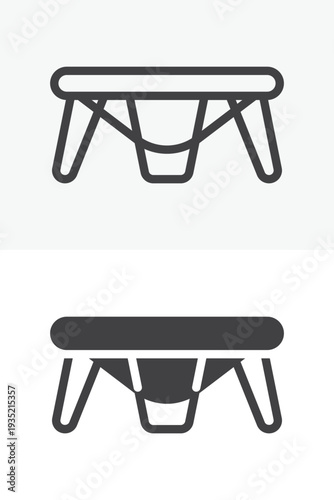 Fitness trampoline icon set for cardio jumping exercise. Line outline and solid icon versions with editable stroke. Vector sign and symbol for gym mini trampoline workout icon.