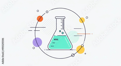 A flat design illustration of an Erlenmeyer laboratory flask filled with green liquid representing scientific research, chemistry, and educational concepts