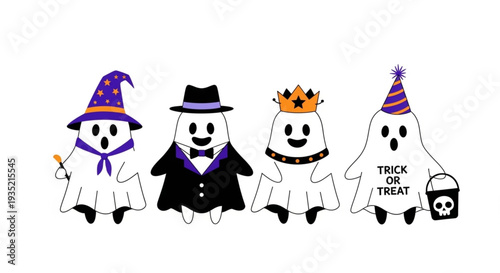 Four adorable cartoon ghosts are dressed in festive Halloween costumes, including a witch, king, and trick or treater, standing together ready for celebration