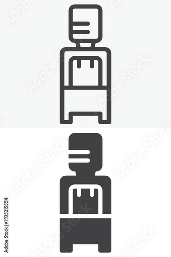 Gym water dispenser icon set for hydration station equipment. Line outline and solid icon versions with editable stroke. Vector sign and symbol for fitness water cooler icon.