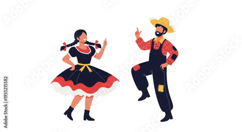Joyful man and woman in traditional folk costumes dancing and pointing up