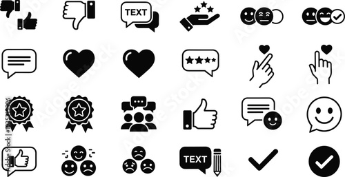 Set of Feedback, Rating, and Emoticon Icons Featuring Likes, Dislikes, Stars, Comments, and Hearts