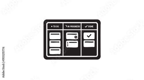 Simple black and white kanban board illustration for task management and workflow organization