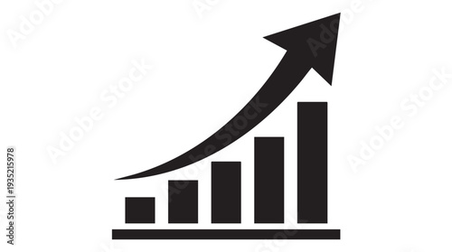 Rising bar graph with upward trending arrow indicating growth and success in black vector illustration
