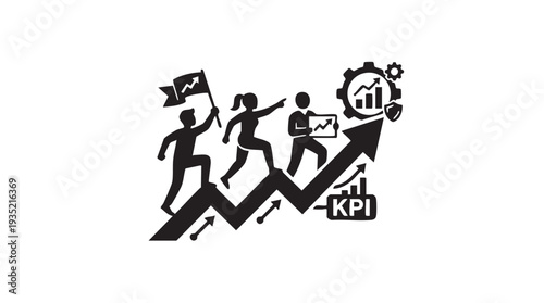 People climbing up a graph illustration together representing teamwork and progress in business growth and development with kpi tracking and analysis