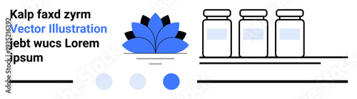 Blue flower, three bottles, abstract text lines, dots, and artistic accents. Ideal for wellness, minimalism, packaging, branding health creativity simple landing page