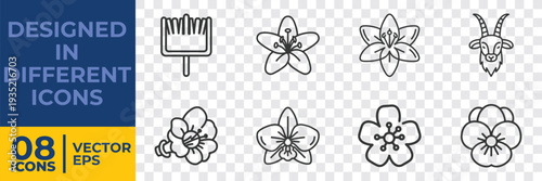 A collection of 8 minimalist vector icons featuring flowers, a ram, and a hand, designed in a flat, monochrome style for versatile graphic use.