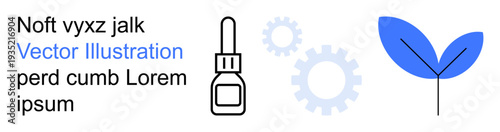 Technology, healthcare, nature, innovation, industry, sustainable growth. Minimalist gears, dropper bottle and blue leaf interconnected ideas. Innovation and healthcare concept