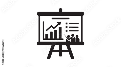 Business presentation vector graphic illustration of a graph on a display board with people analyzing data and a rising arrow indicating growth and success.