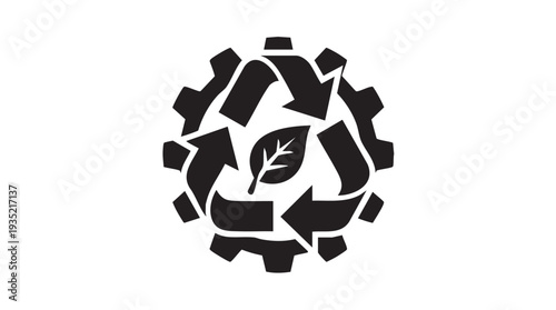 Vector graphic illustration of a recycling symbol with a leaf surrounded by cogwheels representing eco-friendly technology and sustainable practices in a circular design.