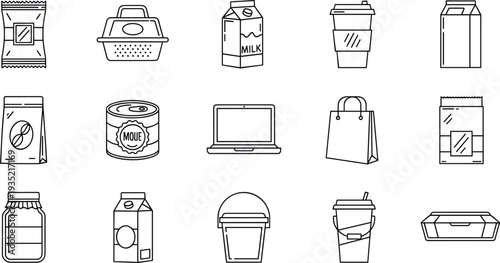 Set of Product Packaging, Shopping, and Packaging Design Icons Including Bags, Bottles, Boxes, and Cans