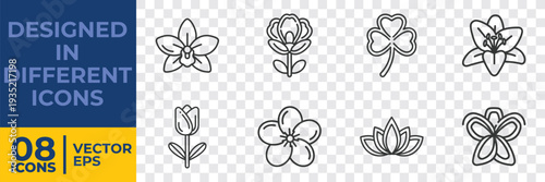 A collection of 8 elegant flat vector floral icons designed in a clean, minimalist line art style, ideal for graphic design projects and digital use.