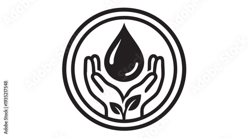 Simple black and white vector graphic illustration of hands holding a water drop with a sprouting plant symbolizing water conservation and environmental protection.