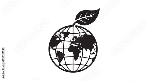 Vector graphic illustration of a planet earth with a growing green leaf symbolizing environmental conservation and sustainability efforts worldwide.